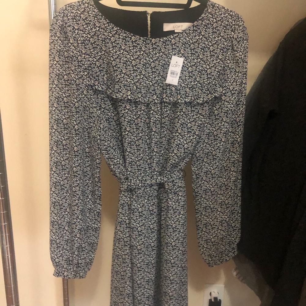LOFT Vine Ruffle Yoke Tie Waist Dress